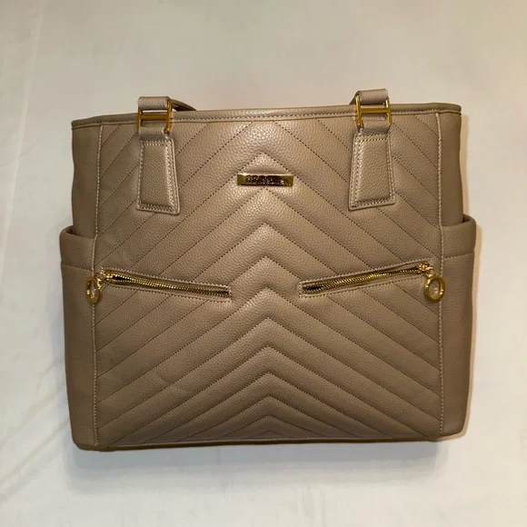 MinkeeBlue Quilted Taupe Tote Bag w/ Pouch – Work, Travel, Mom Bag - Picture 1 of 10